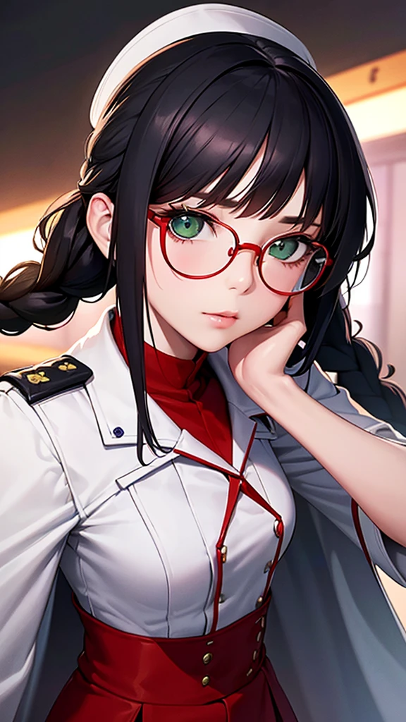 score_9, score_8_up, score_7_up, solo, source_anime, 1girl, female focus, 2D, Rosa_rosa_utm, long hair, black hair, sidelocks, hair ribbon, blue eyes, glasses, rimless eyewear, small , White capelet, collared capelet, black coat, long sleeves, white pants, gundamwingcockpit, joystick,seatbelt,sitting, upper body,