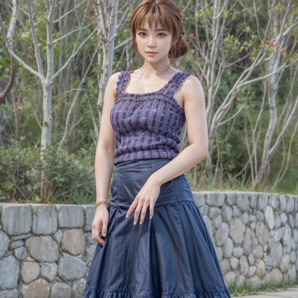 Kasumi, brown eyes, (best quality, ultra-detailed), (realistic:1.37), beautiful and detailed face, ultra-realistic texture, delicate face, delicate body, red lipstick, bright colors. High definition, 8K. expression giving a slight cute smile