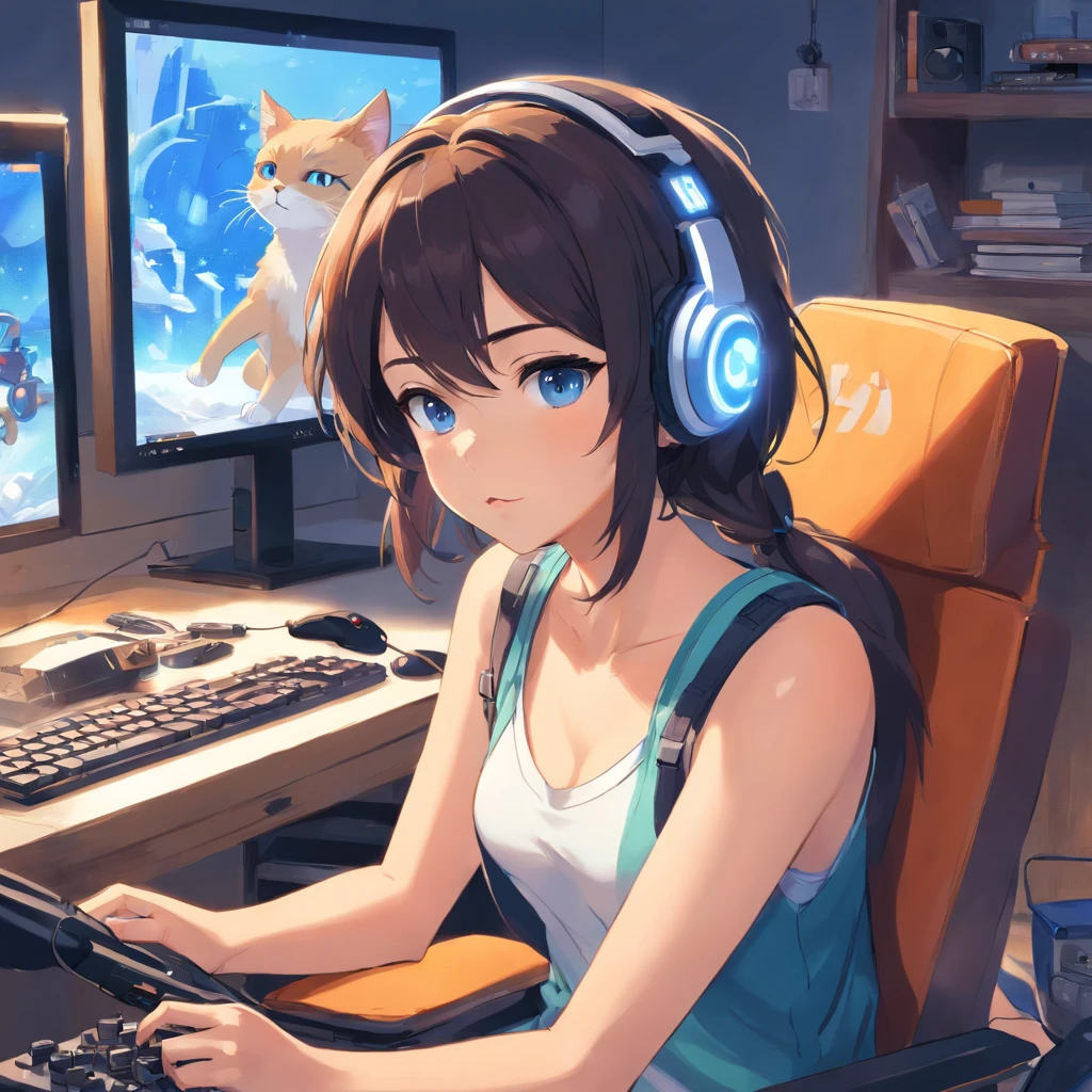 Beautifull girl, sitting on gamer chair, cat headset, playing xbox, xbox controller, large white falling tank top, nipple slip, bitting lips, cartoon style, messy geek little room, highly detailed, perfect eyes, perfect hands, dark medium hair, intense blue eyes