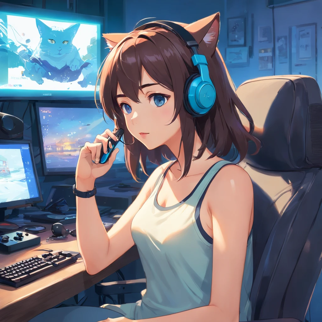 Beautifull girl, sitting on gamer chair, cat headset, playing xbox, xbox controller, large white falling tank top, nipple slip, bitting lips, cartoon style, messy geek little room, highly detailed, perfect eyes, perfect hands, dark medium hair, intense blue eyes