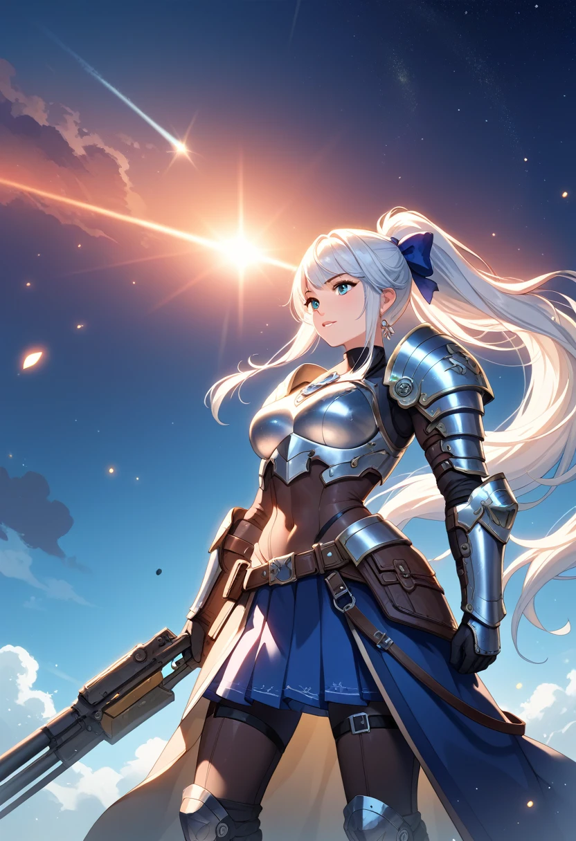 (masterpiece:1.2,high quality), One girl, ((Ultra-Realistic Details)), Global Illumination, shadowing, Dynamic Lighting, Metal,, Decorations detailed, Very intricate details, (Mechanical body:1.2), White Hair,High Ponytail, gear, Apocalyptic,Huge ,Blue and white armor,Skirt Armor,Meteors