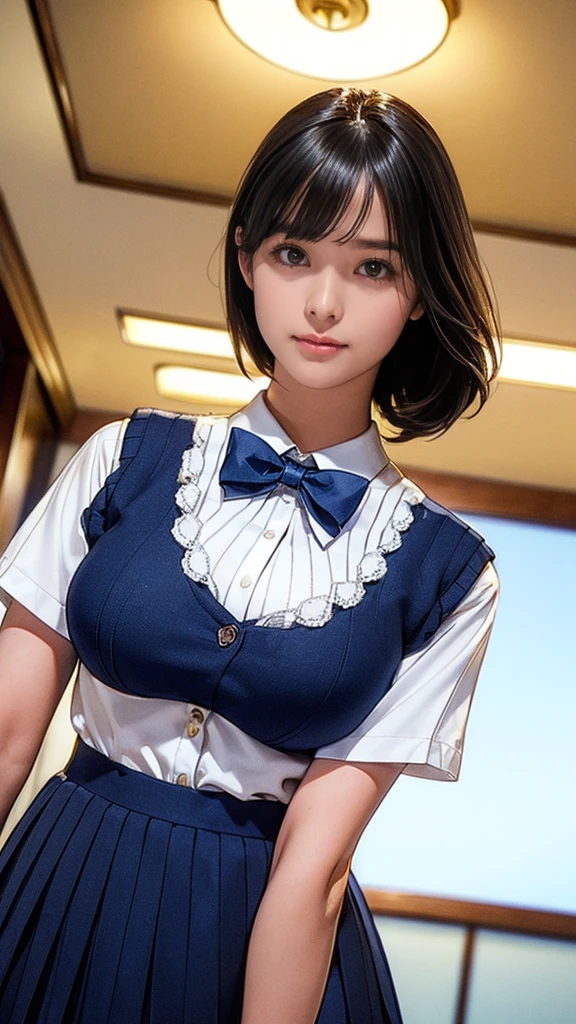 (masterpiece:1.2, Highest quality), (Realistic, photoRealistic:1.4), (Large Breasts:1.5), Beautiful illustrations, (Natural Side Lighting, Cinema Lighting), Written boundary depth, Looking at the audience, (Face Focus, Upper Body), Front view, 1 girl, Japanese, high school girl, 15 years old, Perfect Face, Symmetrical cute face, Glowing Skin, (Bob Hair:1.7,Black Hair), Asymmetrical bangs, Big eyes, Droopy eyes, long eyelashes chest), thin, Beautiful Hair, Beautiful Face, Beautiful and beautiful eyes, Beautiful clavicle, Beautiful body, Beautiful breasts, Beautiful thighs, Beautiful legs, Beautiful fingers, ((Quality fabric texture, brown knit vest, Short sleeve white collar shirt, Navy Pleated Skirt, Navy bow tie)), (Beautiful views), evening, (Inside the flower shop), Are standing, (smile, Superior, Open your mouth), (From below:1.5),(Poor visibility:1.5), (From below)