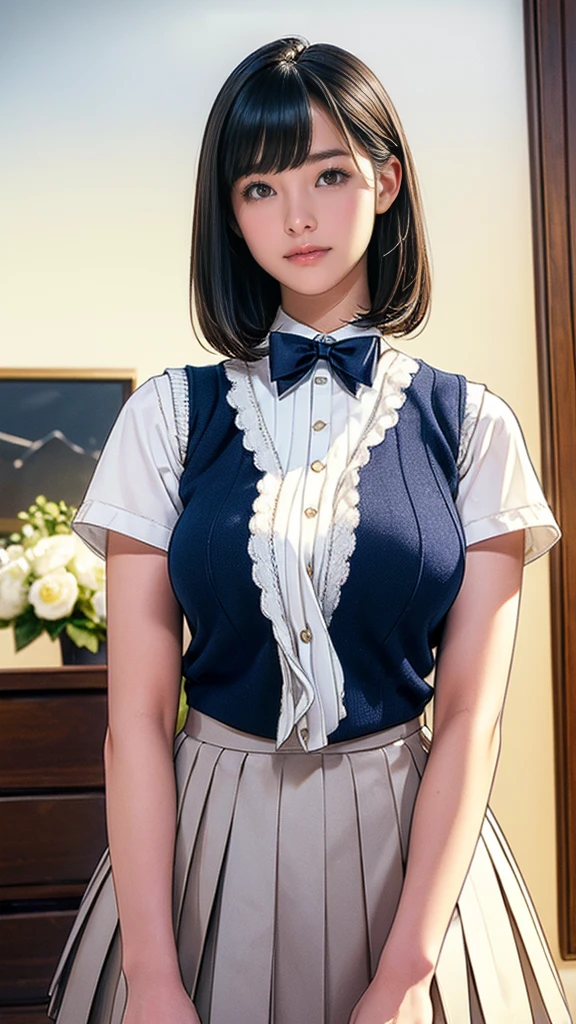 (masterpiece:1.2, Highest quality), (Realistic, photoRealistic:1.4), (Large Breasts:1.5), Beautiful illustrations, (Natural Side Lighting, Cinema Lighting), Written boundary depth, Looking at the audience, (Face Focus, Upper Body), Front view, 1 girl, Japanese, high school girl, , Perfect Face, Symmetrical cute face, Glowing Skin, (Bob Hair:1.7,Black Hair), Asymmetrical bangs, Big eyes, Droopy eyes, long eyelashes chest), thin, Beautiful Hair, Beautiful Face, Beautiful and beautiful eyes, Beautiful clavicle, Beautiful body, Beautiful breasts, Beautiful thighs, Beautiful legs, Beautiful fingers, ((Quality fabric texture, brown knit vest, Short sleeve white collar shirt, Navy Pleated Skirt, Navy bow tie)), (Beautiful views), evening, (Inside the flower shop), Are standing, (smile, Superior, Open your mouth), (From below:1.5),(Poor visibility:1.5), (From below)