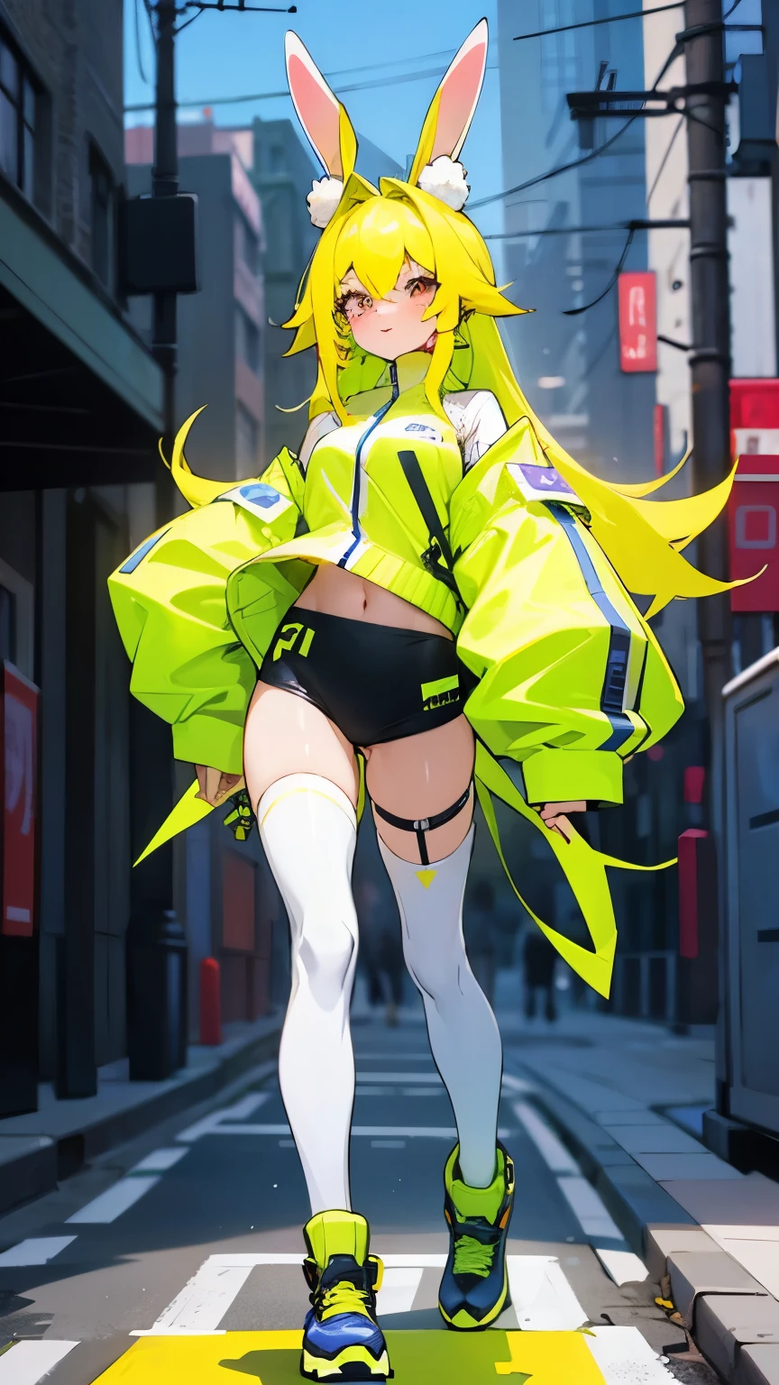 a beautiful bunny girl, modern world, Fluffy , highly detailed clothing, narrow pupils, full body shot, sexy, Bunny Ears , woman, great shapes, dynamic art, Rabbit Tail Girl, Modern Clothes, City, Bright Colors, Street style, sexy, woman, Woman hare, street clothes, Sportswear, sexy, bright colors, rabbit, Strict rabbit girls, Neon colors, acidity, Neon yellow hair