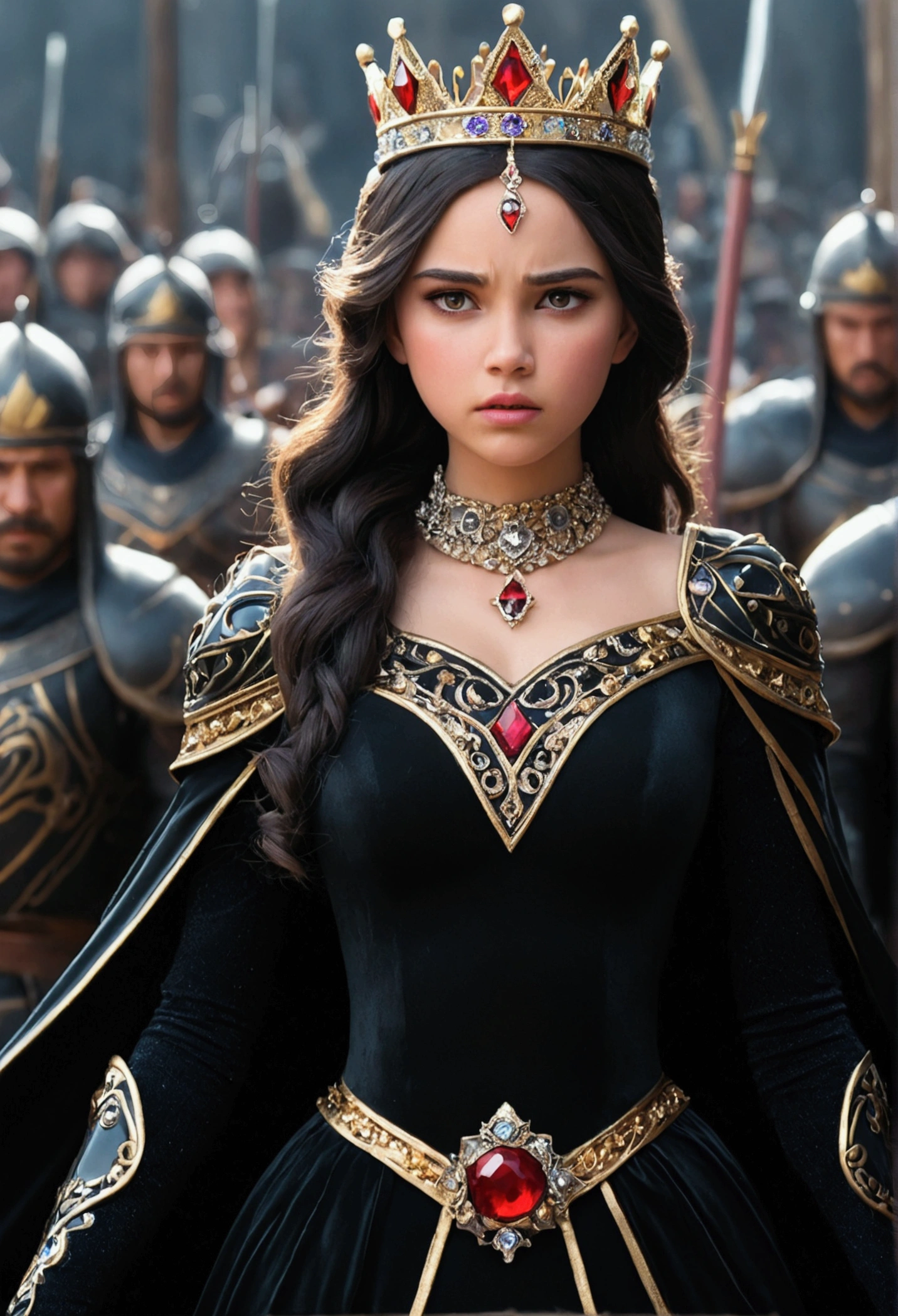 Animated princess who has a crown wears a black dress and if she is fighting against a thousand warriors