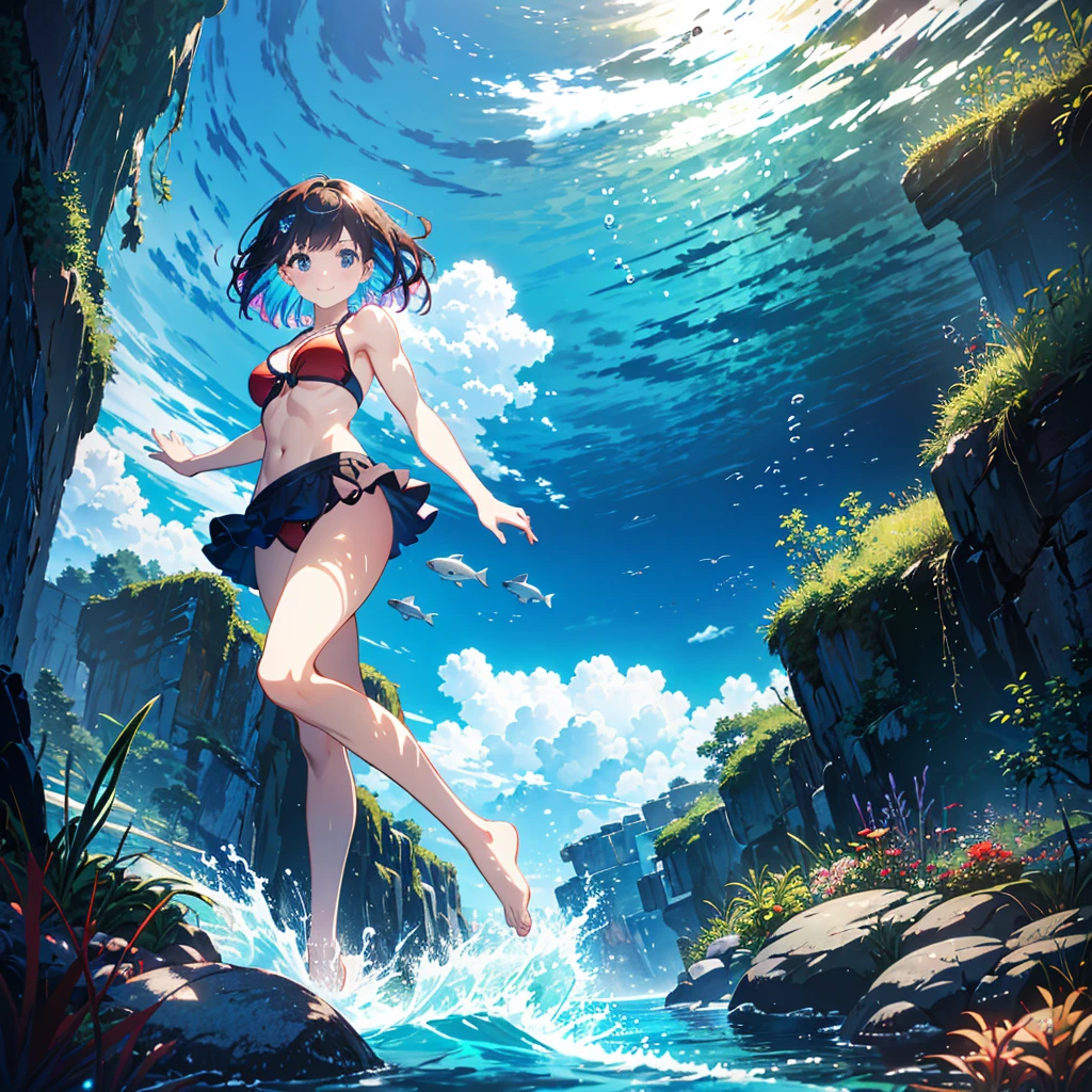 anime visual, masterpiece, best quality, outdoor, day time, underwater, ultra clear water, bubble, deep sea, school of fish, cleavage,
BREAK, ((solo, 1girls, woman, brown hair, blue hair, short hair, wave hair, multicolored hair, swept bangs, muscular, smile, red bikini, bare arms, bare legs, bare foot, pale skin, full body shot, staring, face focus, )) front viewer, looking at another, swimming, from below, cinematic angle,