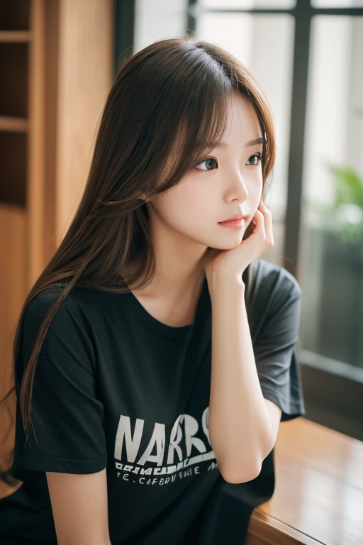 1girl, solo, long_hair, looking_at_viewer, brown_hair, shirt, closed_mouth, upper_body, short_sleeves, indoors, blurry, lips, makeup, black_shirt, crossed_arms, blurry_background, t-shirt, photo_(medium)