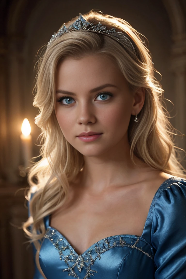 Create a photorealistic close-up portrait of Cinderella, age 25, in a Dark Fantasy style. Cinderella’s expression is a mix of hope and melancholy, with her light blue eyes slightly wistful. She wears a tattered, shimmering blue gown with silver accents, and her blonde hair is styled elegantly. The background shows a dark, shadowy ballroom with flickering candlelight and looming silhouettes. The portrait emphasizes Cinderella’s delicate features and the ethereal glow of her gown.
