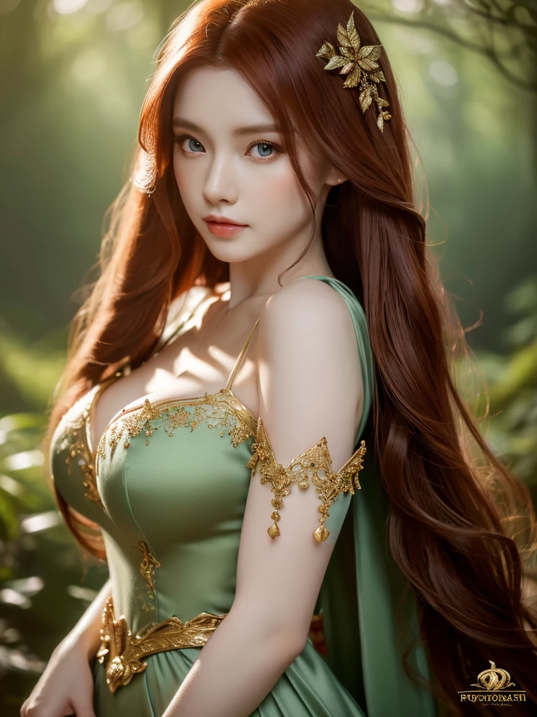 a beautiful redheaded asian girl, long very silky hair, elegant elf dress, dense forest, no sunlight, detailed face and eyes, very big tits (best quality,4k,8k,highres,masterpiece:1.2),ultra-detailed,(realistic,photorealistic,photo-realistic:1.37),magical fantasy atmosphere,fantasy,concept art