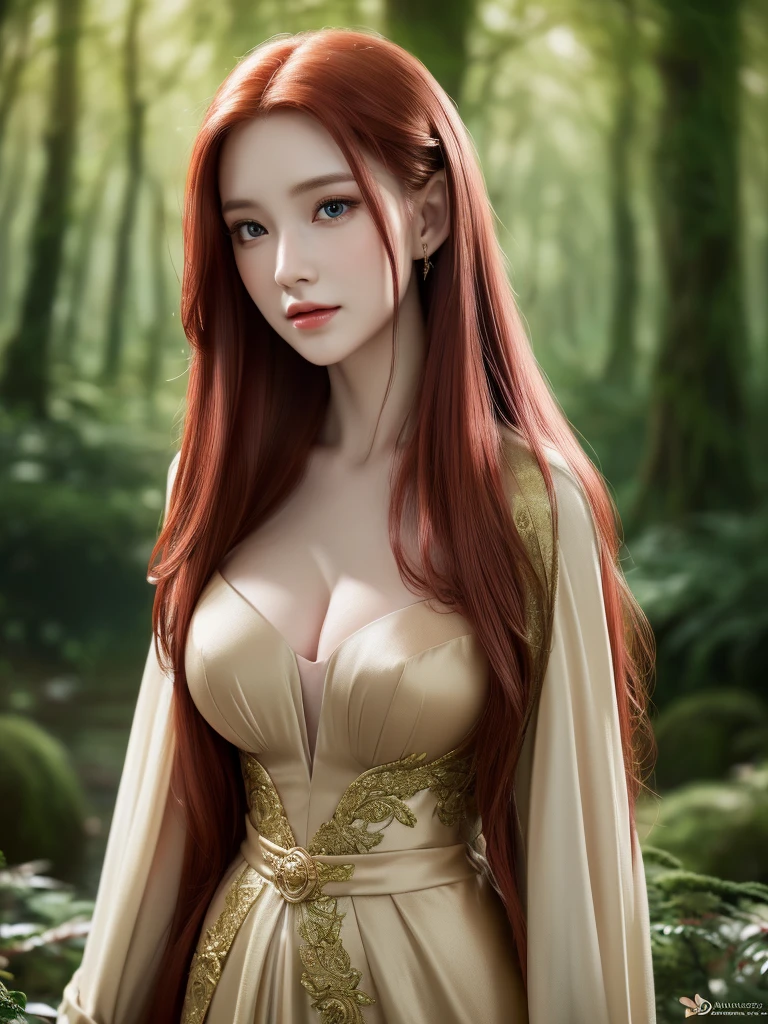 a beautiful redheaded asian girl, long very silky hair, elegant elf dress, dense forest, no sunlight, detailed face and eyes, very big tits (best quality,4k,8k,highres,masterpiece:1.2),ultra-detailed,(realistic,photorealistic,photo-realistic:1.37),magical fantasy atmosphere,fantasy,concept art