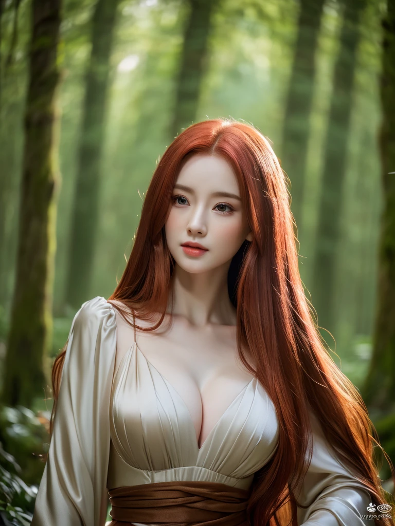 a beautiful redheaded asian girl, long very silky hair, elegant elf dress, dense forest, no sunlight, detailed face and eyes, very big tits (best quality,4k,8k,highres,masterpiece:1.2),ultra-detailed,(realistic,photorealistic,photo-realistic:1.37),magical fantasy atmosphere,fantasy,concept art