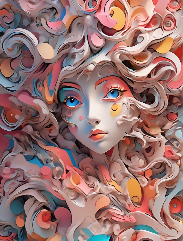 abstract style, Ultra High Resolution, wallpaper, 8K, Rich texture details, hyper detailed, detailed eyes, detailed background, dramatic angle, anime surrealist bust, colors and shapes, expression of feelings, imaginative, highly detailed