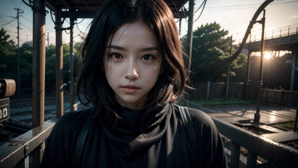 One woman in loose, lightweight black clothing, wearing a prominently visible balaclava, hanging by one hand from a track above a rusted roller coaster car, broken tracks and overgrown weeds in an abandoned amusement park in Tokyo, eerie atmosphere, sense of mystery and solitude, suspenseful mood, close-up shot from the car, shallow depth of field, soft, diffused lighting. Dark atmosphere. Mask on face. 8k.