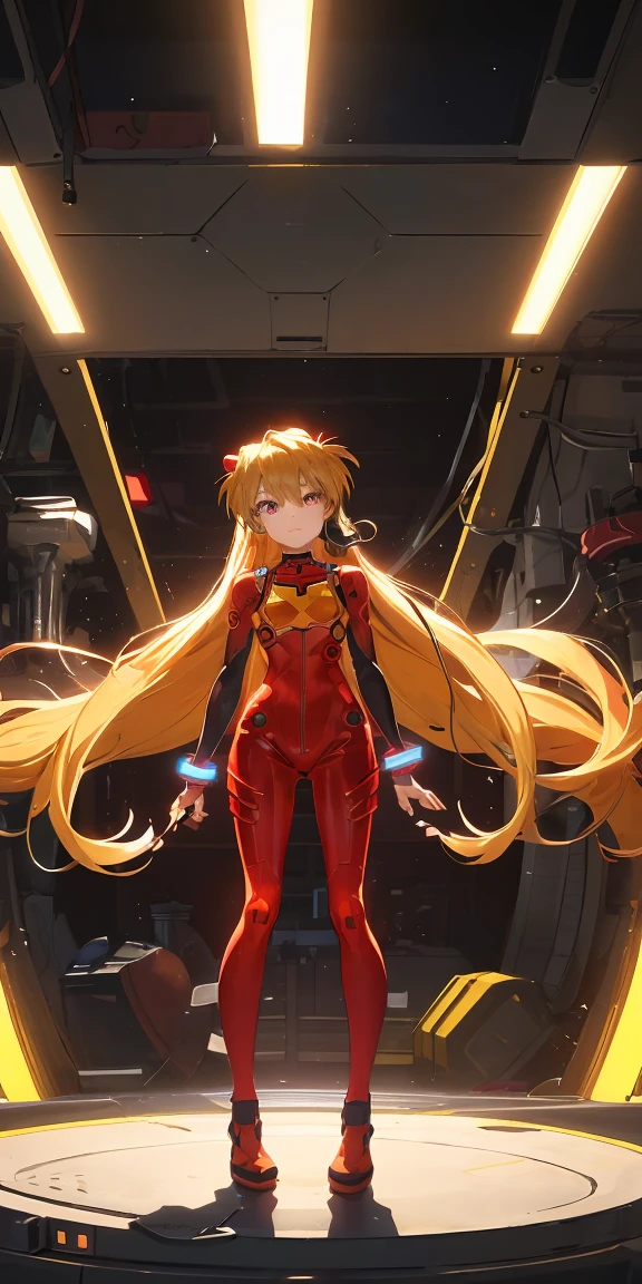 (Overhead view),dynamic angle,ultra-detailed, illustration, close-up, straight on, 1girl, 
 ((souryuu asuka langley, interface headset, red bodysuit:1.4, blonde)),Her eyes shone like dreamy stars,(glowing eyes:1.233),(beautiful and detailed eyes:1.1),(expressionless,closed mouth),(standing), 
(mechanic room with toolsand spaceship windowin a white SPACESHIP),
(night:1.2),dreamy, [[delicate fingers and hands:0.55]::0.85],(detail fingers),