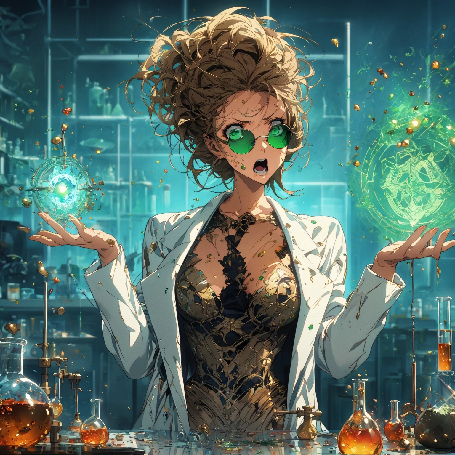 a very beautiful woman , random hair style, form-fitting suit, white lab coat, sunglasses, green eyes, in a laboratory, chemicals on the table, boiling potions, wearing sun glasses, she has the super power alchemize, she can turn wood to metal, and rubber into gold, her expression is Confused/Puzzled: Squinted eyes, raised eyebrow, tilted head, slightly open mouth, magic circle, magic power, casting spell, metal rod, gold and other tiny substances floating around her, (nude:0.8), detailed gorgeous face| anime style| key visual| intricate detail| highly detailed| breathtaking| vibrant| panoramic| cinematic| Carne Griffiths| Conrad Roset| gibbli 8k
