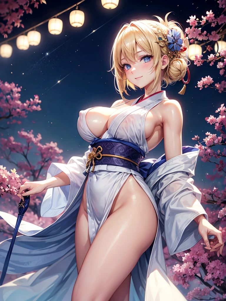 Anime style, super fine illustration, highly detailed, beautiful detailed, pale tone image, static representation, gentle expression, 8k, pretty 1girl with blonde straight short hair & blue eyes & a bright smile & huge breasts & nipples & soft fair skin is wearing the yukata, night fairs of Japanese festival is background, neon, brilliant particles of lights, romantic stories, solo, perfect fingers, perfect arms, perfect legs, masterpiece.