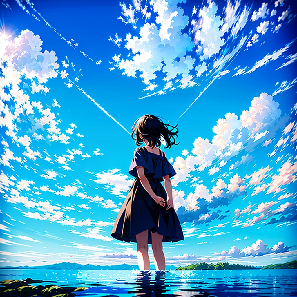 a extreme detailed photo of stunningly-beautiful deep blue summer sky scene, nostalgic scene of a captivating girl(2023 anime style) frolicking with her friends, childhood memory::0.5, at water playground, massive summer clouds, the sky with an HDR and detailed gradient from turquoise to blue to black, a professional photographer took the scene with DSLR and wide-angled lens, dramatic --ar 3:2