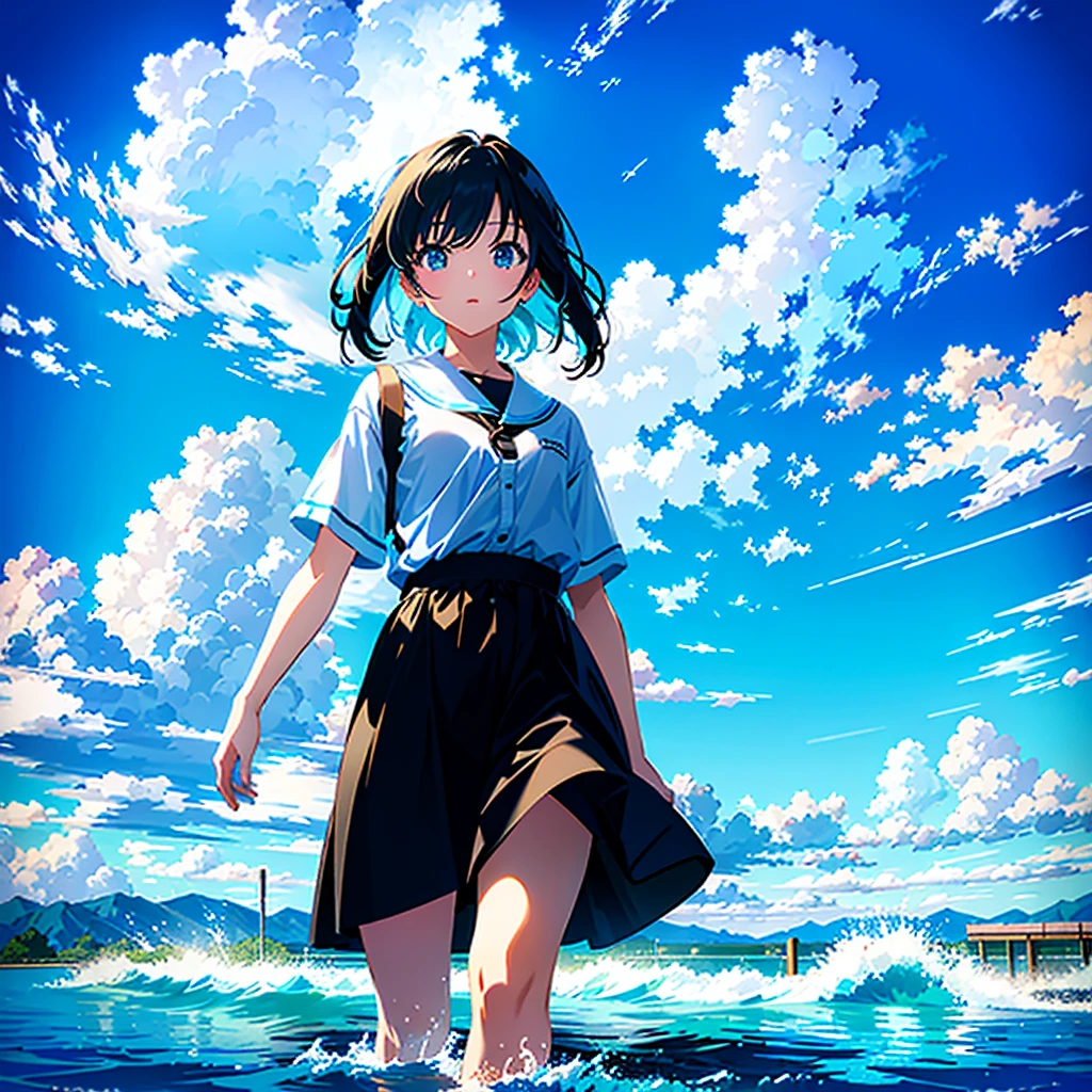 a extreme detailed photo of stunningly-beautiful deep blue summer sky scene, nostalgic scene of a captivating girl(2023 anime style) frolicking with her friends, childhood memory::0.5, at water playground, massive summer clouds, the sky with an HDR and detailed gradient from turquoise to blue to black, a professional photographer took the scene with DSLR and wide-angled lens, dramatic --ar 3:2