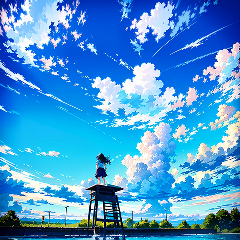 a extreme detailed photo of stunningly-beautiful deep blue summer sky scene, nostalgic scene of a captivating girl(2023 anime style) frolicking with her friends, childhood memory::0.5, at water playground, massive summer clouds, the sky with an HDR and detailed gradient from turquoise to blue to black, a professional photographer took the scene with DSLR and wide-angled lens, dramatic --ar 3:2