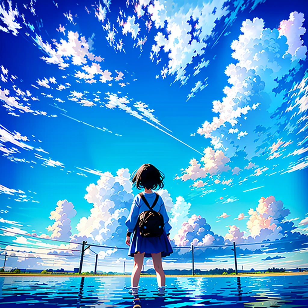 a extreme detailed photo of stunningly-beautiful deep blue summer sky scene, nostalgic scene of a captivating girl(2023 anime style) frolicking with her friends, childhood memory::0.5, at water playground, massive summer clouds, the sky with an HDR and detailed gradient from turquoise to blue to black, a professional photographer took the scene with DSLR and wide-angled lens, dramatic --ar 3:2