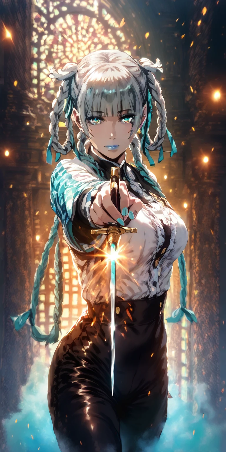 (hews art style:0.7), (hero neisan art style:0.7), score_9, score_8_up, score_7_up, score_6_up, uncensored, Kirari, braid, makeup, twin braids, blunt bangs, aqua nails, aqua eyes, blue lips, hair ribbon, grey hair, nail polish, BREAK (masterpiece:1.2), best quality, high resolution, (detailed eyes:1.3), perfect lighting, (perfect hands, perfect anatomy), large breasts, 1girl, solo, breasts, looking at viewer, black pants, pants, weapon, holding, closed mouth, glint, jewelry, wide sleeves, holding weapon, aiming at viewer, shirt, long sleeves, shimmering light, bokeh, 