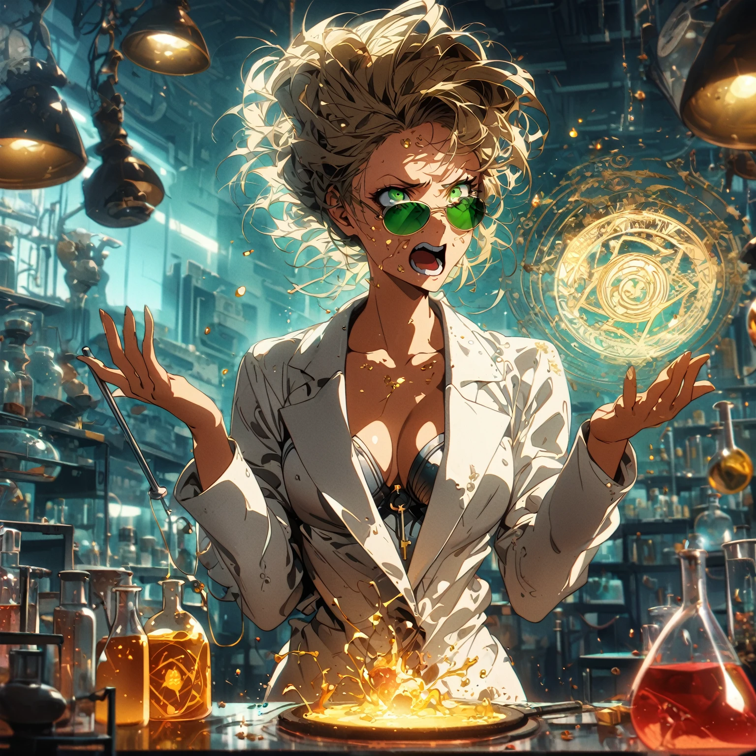 a very beautiful woman , random hair style, form-fitting suit, white lab coat, sunglasses, green eyes, in a laboratory, chemicals on the table, boiling potions, wearing sun glasses, she has the super power alchemize, she can turn wood to metal, and rubber into gold, her expression is Confused/Puzzled: Squinted eyes, raised eyebrow, tilted head, slightly open mouth, magic circle, magic power, casting spell, metal rod, gold and other tiny substances floating around her, (nude:0.8), detailed gorgeous face| anime style| key visual| intricate detail| highly detailed| breathtaking| vibrant| panoramic| cinematic| Carne Griffiths| Conrad Roset| gibbli 8k