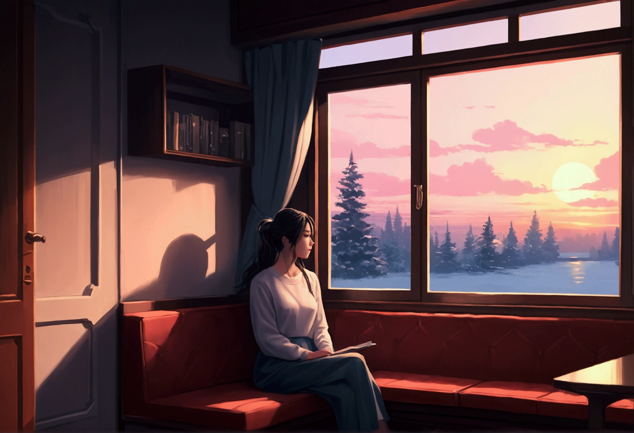 Woman sitting in coach in front of window, Digital painting inspired by Alena Aenami, pixiv, realism, silent Night. digital illustration, blurred and dreamy picture, blurry and dreamy picture, artistic. Alena Anami, keyframe picture, dreamy picture, Lo-Fi illustration style, style of Alena Anami, sight