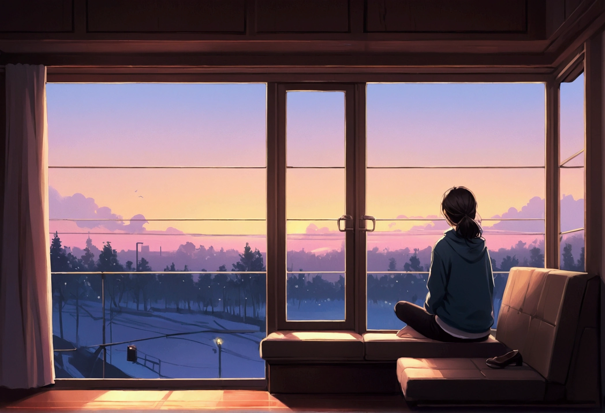 Woman sitting in coach in front of window, Digital painting inspired by Alena Aenami, pixiv, realism, silent Night. digital illustration, blurred and dreamy picture, blurry and dreamy picture, artistic. Alena Anami, keyframe picture, dreamy picture, Lo-Fi illustration style, style of Alena Anami, sight