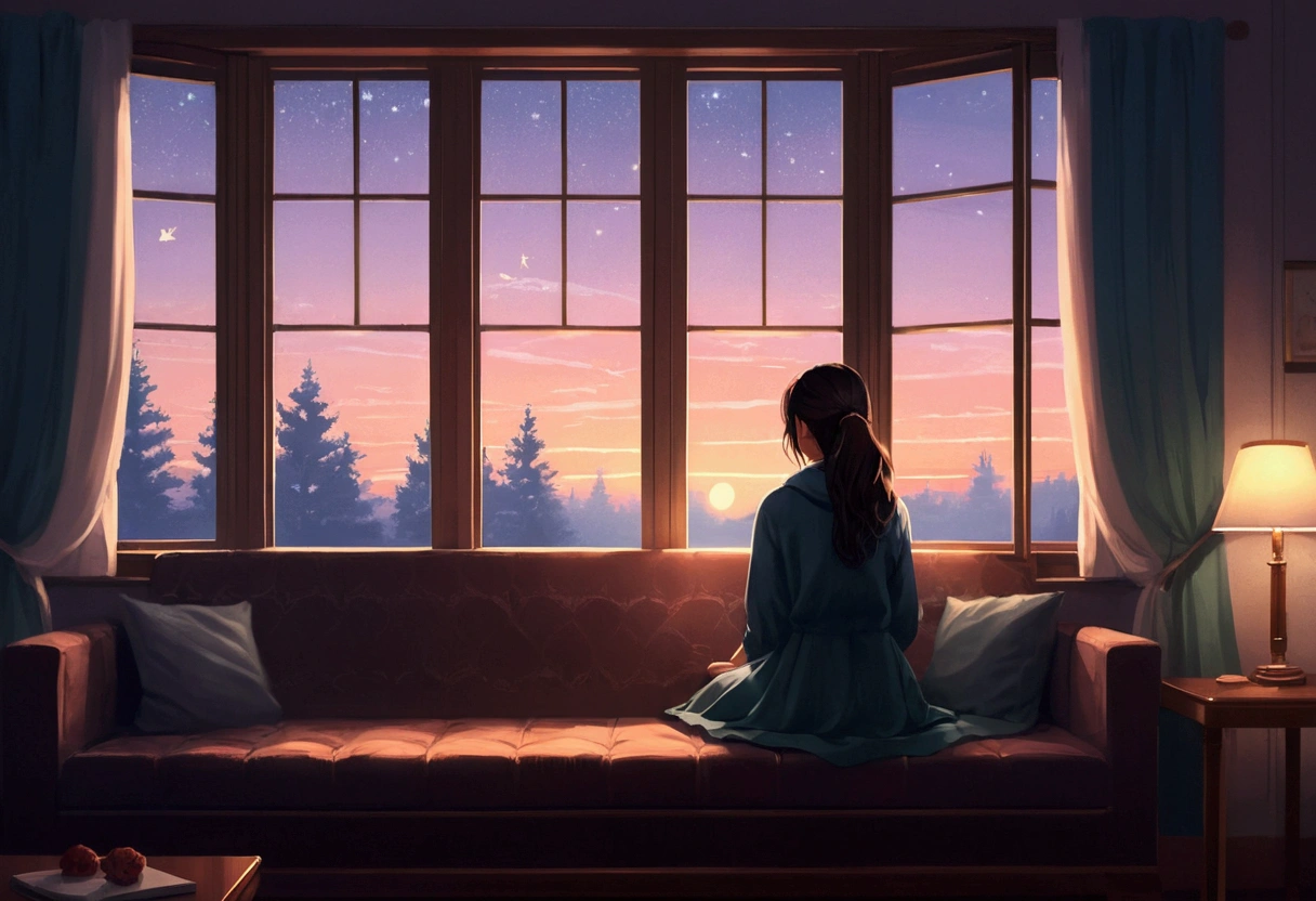 Woman sitting in coach in front of window, Digital painting inspired by Alena Aenami, pixiv, realism, silent Night. digital illustration, blurred and dreamy picture, blurry and dreamy picture, artistic. Alena Anami, keyframe picture, dreamy picture, Lo-Fi illustration style, style of Alena Anami, sight