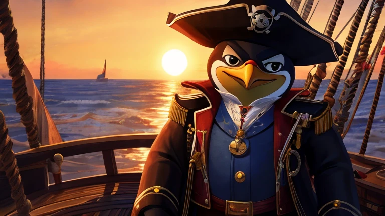 A famale penguin pirate captain, black and white feathers, black eyes, wearing a captain's hat adorned with feathers and jewels, dressed in a pirate coat and high boots. Looking at the viewer, with an imposing pirate ship in the background and the rising sun on the horizon illuminating the ship, 4k resolution, animated style.