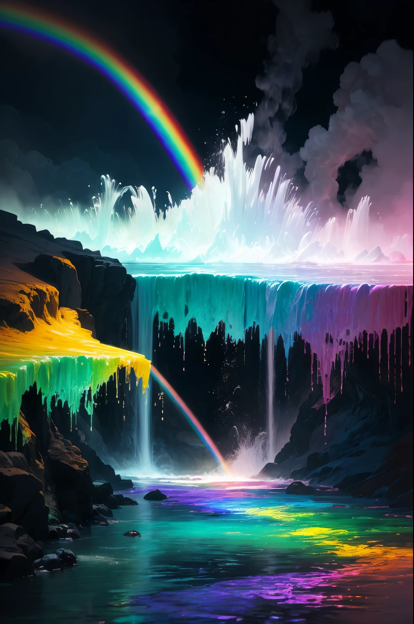 arafly colored water in a stream with steam rising from it, a colorized photo by Leonard Bahr, flickr, land art, mystical colors, bubbling geysers, xray melting colors!!, ethereal rainbows, geysers of steam, amazing color photograph, rainbow, rainbow reflections, a colorful, beautiful and mysterious, mystic colors, muted but vibrant colors