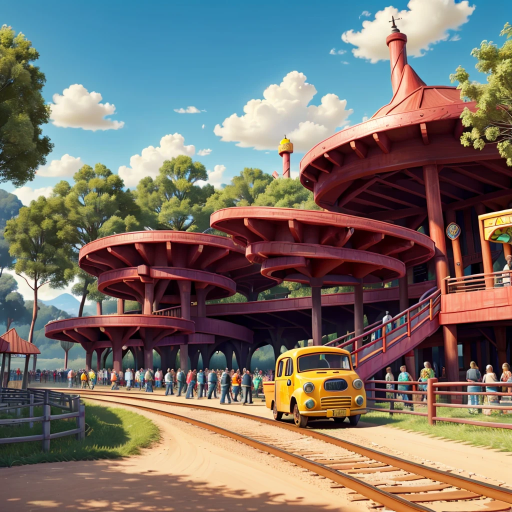 The roller coaster area is full of metallic tracks and loops, with vibrant cars whizzing by. The tracks are painted in bright colors like red, blue and yellow. There is a long queue, but the design is attractive, with character figures and themed elements. In the background, the sound of screams and lively music adds to the hectic atmosphere.