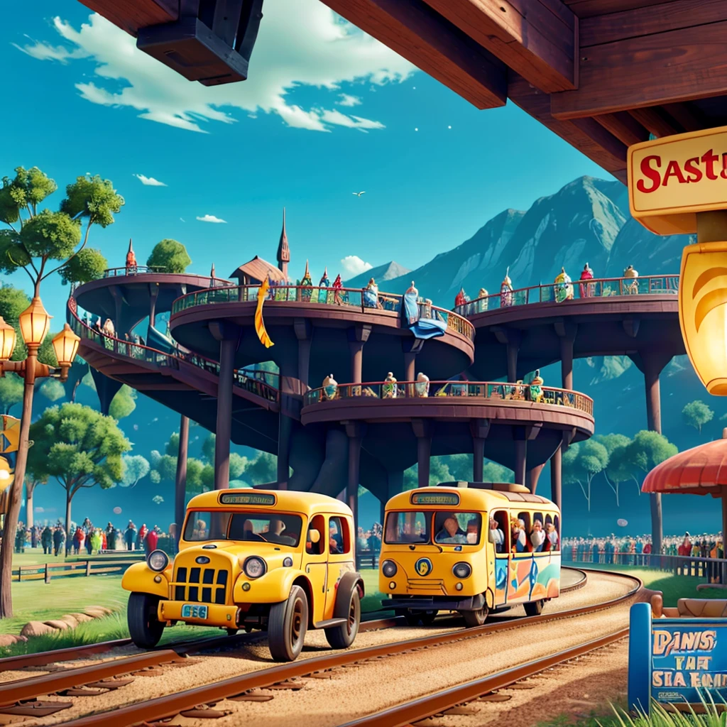The roller coaster area is full of metallic tracks and loops, with vibrant cars whizzing by. The tracks are painted in bright colors like red, blue and yellow. There is a long queue, but the design is attractive, with character figures and themed elements. In the background, the sound of screams and lively music adds to the hectic atmosphere.