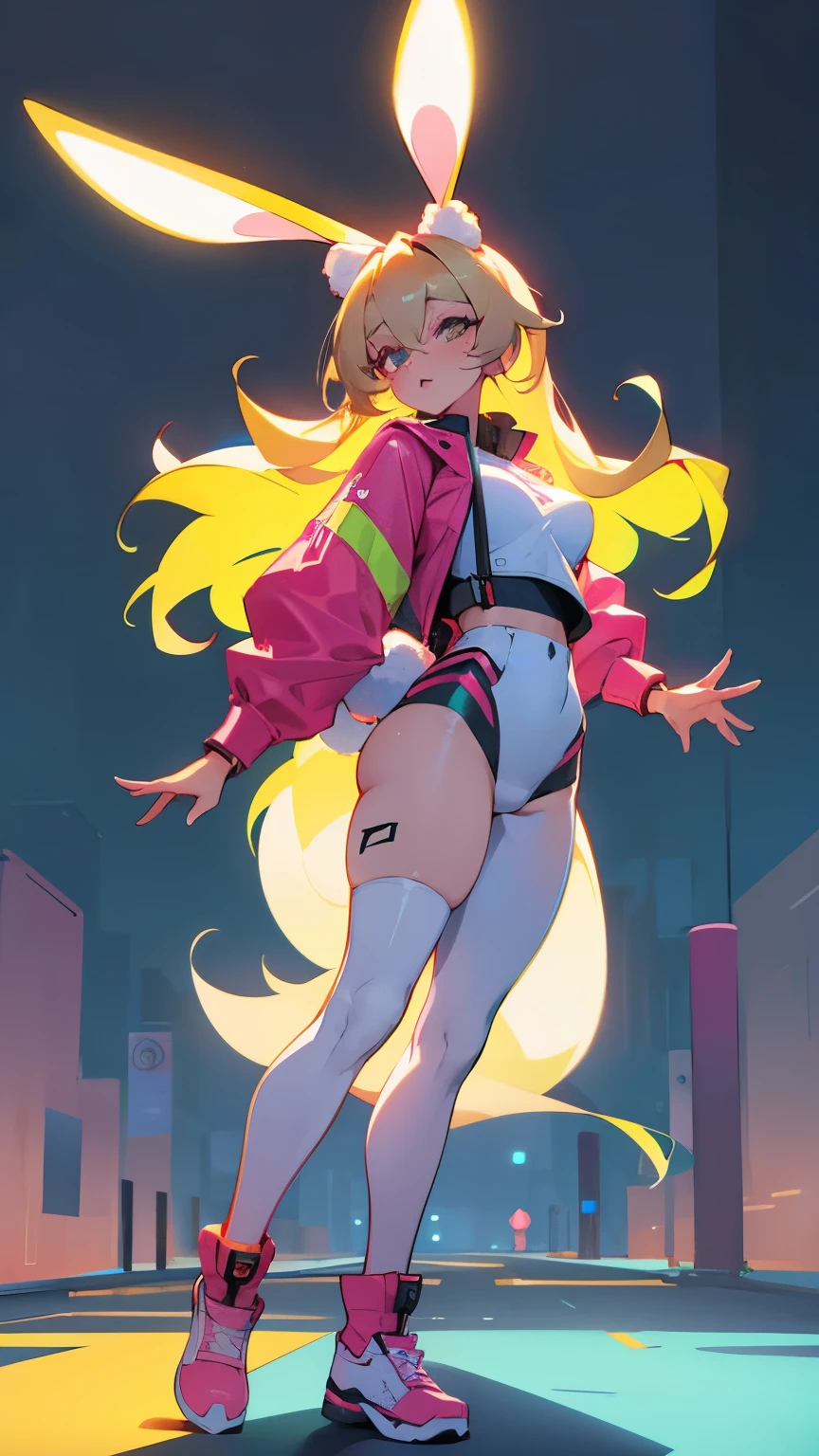 a beautiful bunny girl, modern world, Fluffy , highly detailed clothing, narrow pupils, full body shot, sexy, Bunny Ears , woman, great shapes, dynamic art, Rabbit Tail Girl, Modern Clothes, City, Bright Colors, Street style, sexy, woman, Woman hare, street clothes, Sportswear, sexy, bright colors, rabbit, Strict rabbit girls, Neon colors, acidity, Blonde Hair