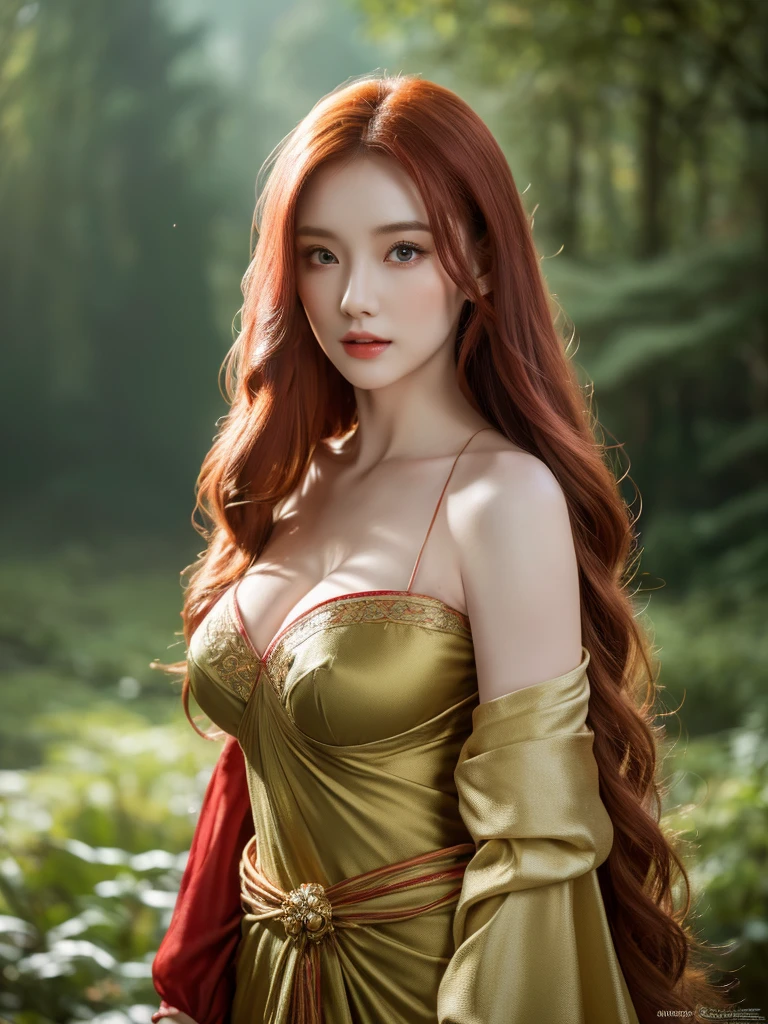 a beautiful redheaded asian girl, long very silky hair, elegant elf dress, dense forest, no sunlight, detailed face and eyes, very big tits (best quality,4k,8k,highres,masterpiece:1.2),ultra-detailed,(realistic,photorealistic,photo-realistic:1.37),magical fantasy atmosphere,fantasy,concept art