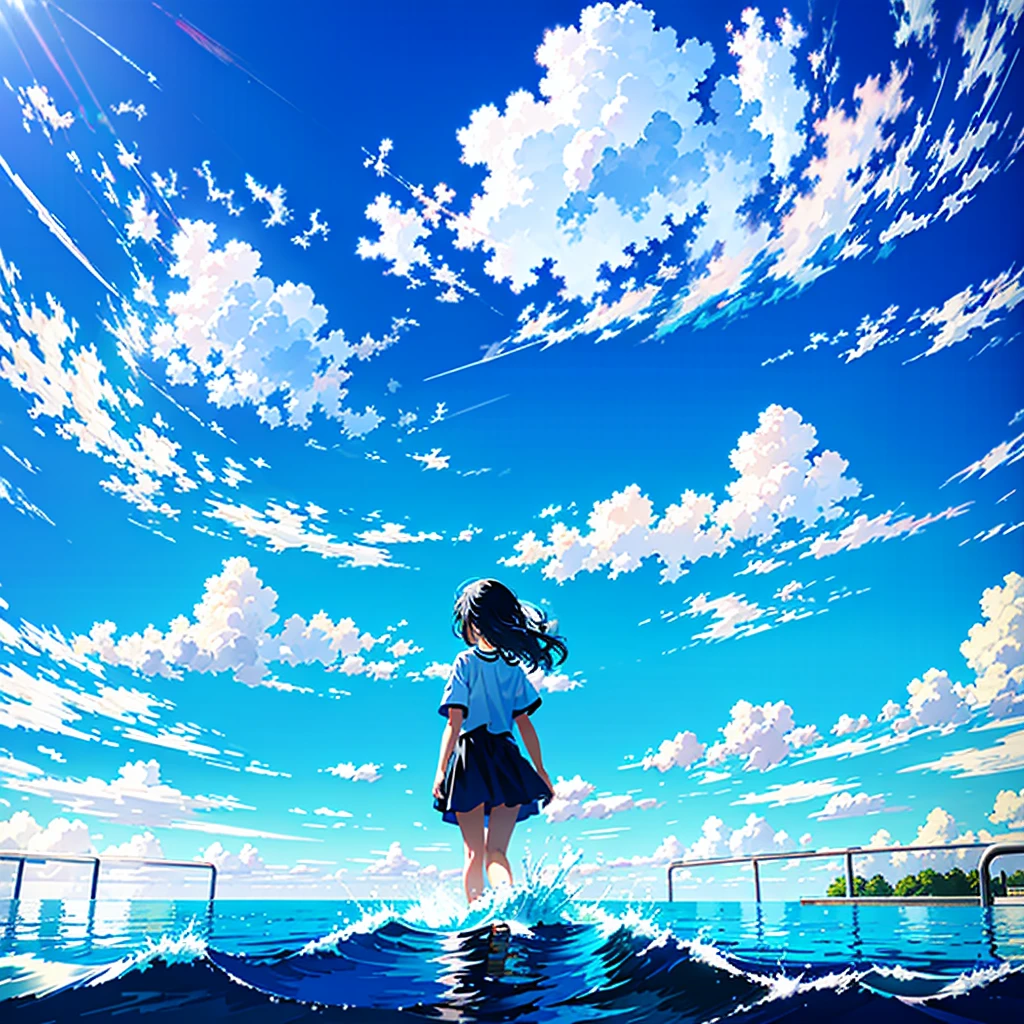 a extreme detailed photo of stunningly-beautiful deep blue summer sky scene, nostalgic scene of a captivating girl(2023 anime style) frolicking with her friends, childhood memory::0.5, at water playground, massive summer clouds, the sky with an HDR and detailed gradient from turquoise to blue to black, a professional photographer took the scene with DSLR and wide-angled lens, dramatic --ar 3:2