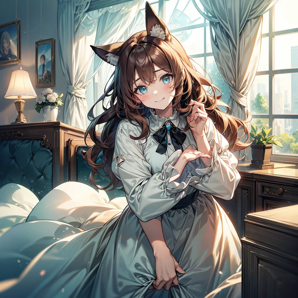 brown hair, expressive hair, star-shaped pupils, eyeball, aqua eyes, sparkling eyes, dog ears, blush stickers, happy, Surrealism, アニメ, アニメ style, depth of field, cowboy shot, 8k, super detail, uhd, masterpiece, accurate, anatomically correct, textured skin, super detail, high details, high quality, award winning, best quality, highres - poses and expressions:
• Head tilted slightly • Large eyes with an intrigued expression • Mouth slightly open、Happy smile • Overall、Curious and affectionate - Characteristics:
• Long, fluffy wavy hair(Reminiscent of dog ears)
• Large, expressive eyes • Small nose and mouth(Reminiscent of a dog's nose)
- clothing:
• Clothes with a fluffy texture(The skirt and sleeves feature designs reminiscent of dog tails and ears.)
• Light pastel colors - Accessories:
• A cute collar around the neck(Those with ribbons or jewel-like decorations)
- background:
• A corner of the living room • A sofa and cushions、• You can see potted plants • Soft light is coming in through the window • Carpets and dog toys are scattered on the floor - Overall atmosphere:
• Bright and warm colors • Lots of soft lines and rounded shapes • A cozy, lived-in atmosphere」