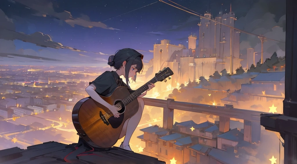 (masterpiece:1.3), (the best quality:1.2),
masterpiece,night,(dark alley),star、Night Sky、Overlooking the city、
(1 girl), (独奏), Knee hugging sitting,acousticguitar