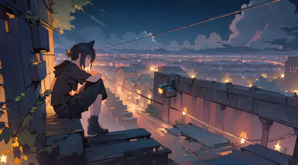 (masterpiece:1.3), (the best quality:1.2),
masterpiece,night,(dark alley),star、Night Sky、Overlooking the city、
(1 girl), (独奏), Knee hugging sitting,acousticguitar
