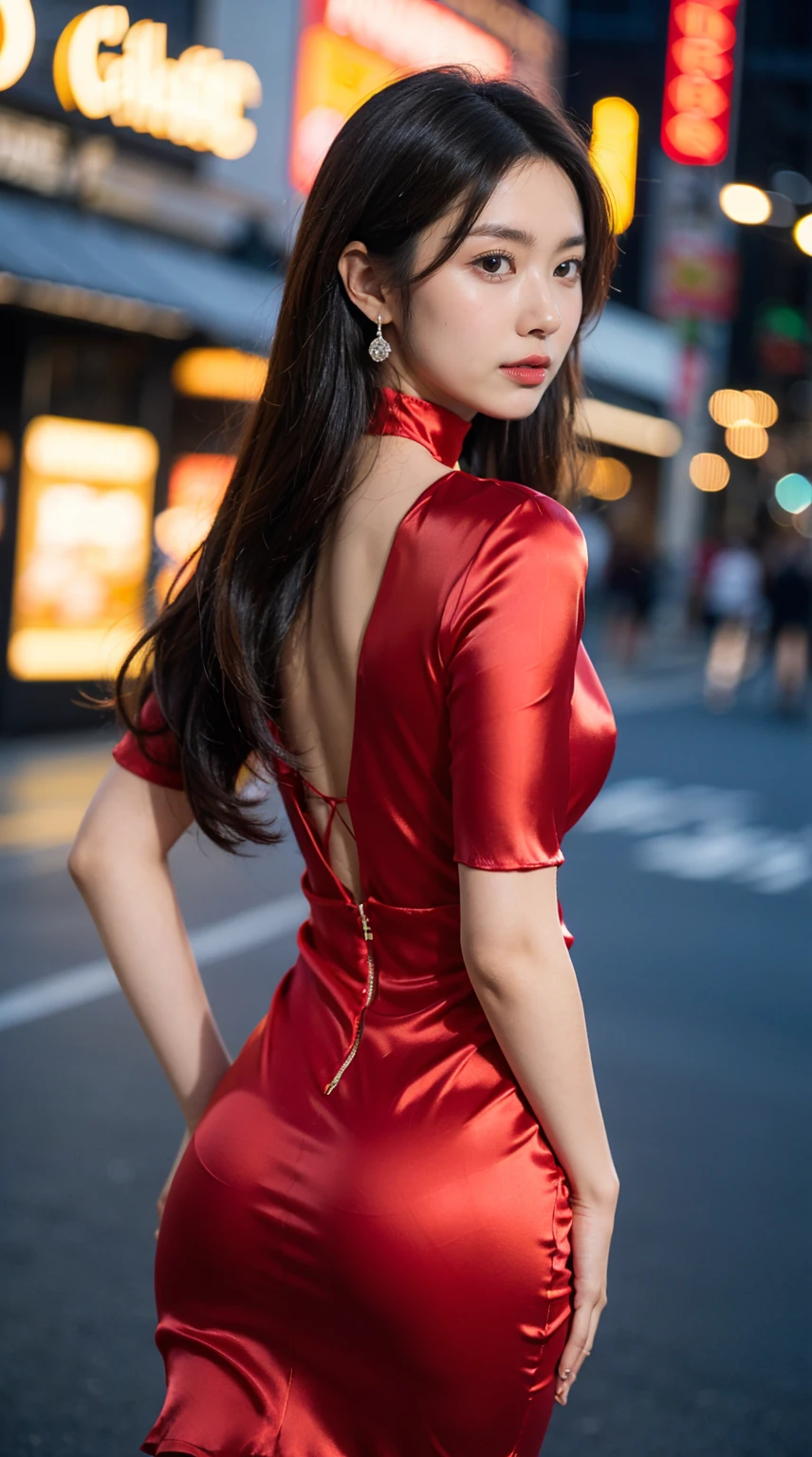 8k，masterpiece，RAW photos，best quality，Detail：1.2），henthal realism，Highly granular CG integration 8k，8k，diamonds and wallpapers，depth of field photography film light，Lens Flash，light tracking，（Very pretty look，beautiful lips，beautiful eyes），A face with intricate details，（（Super Detail Skins））1 girl，Korean Female Model，어둠 속의 어두운 night，deep shadows，pretty korean girl，kpop idol，（very slim, slim and muscular body.：1.3），（View audience），（tight miniskirt），（(red dress:1.4)），（injection sleeve），（도시의 night，（neon sign），（night），Beautiful Korean girl earrings，wristband，choker necklace，Lace-up pantyhose，clear eyes，walk，（pale skin），facing forward，（big eyes），（（Upper body shot）），tight clothes.，((silk dress:1.4))，Lace-up dresses，see through dress，turn around，rear shot，very slim，slander，slander, Crowded city streets:1.3