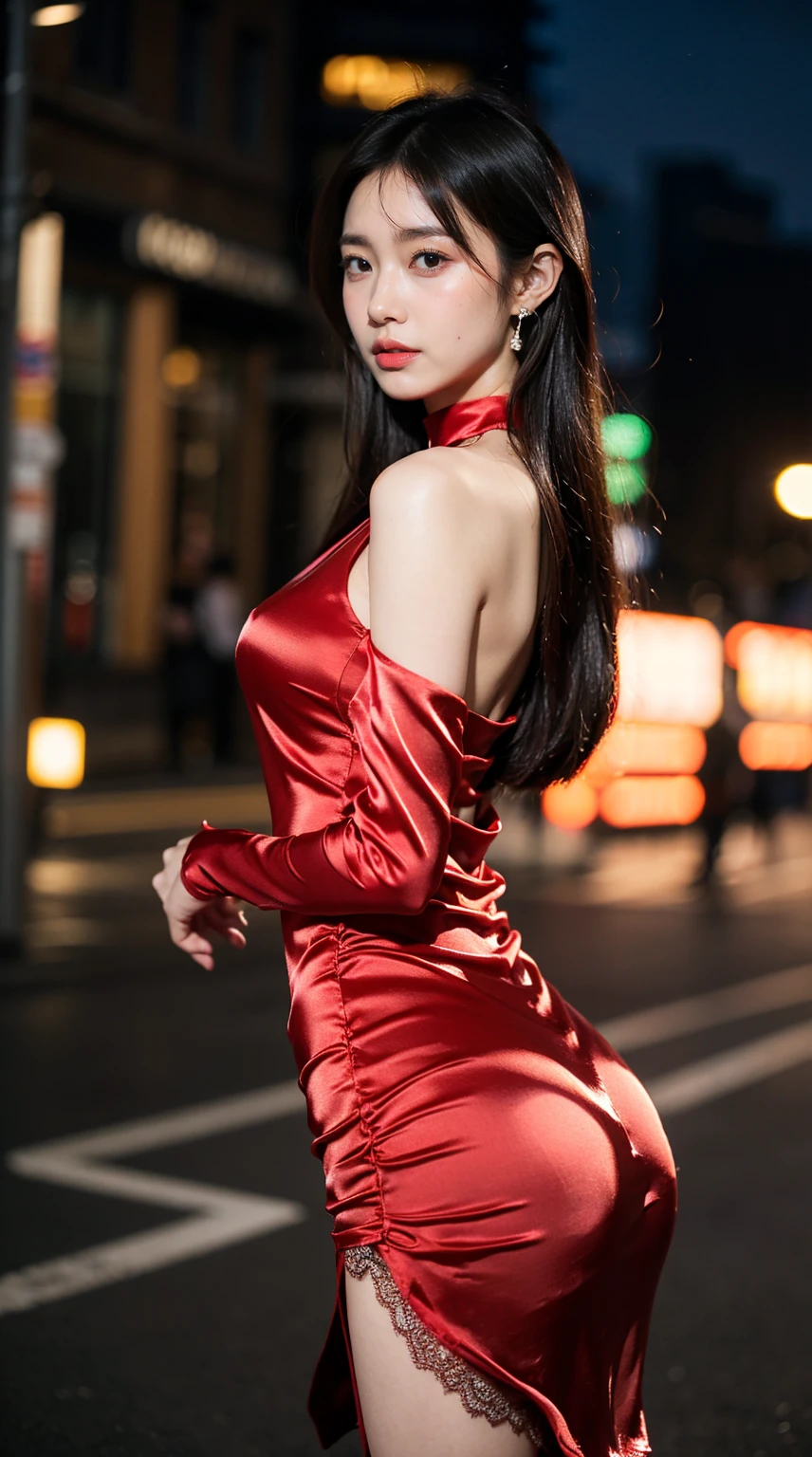 8k,masterpiece,RAW photos,best quality,Detail:1.2),henthal realism,Highly granular CG integration 8k,8k,diamonds and wallpapers,depth of field photography film light,Lens Flash,light tracking,(Very pretty look,beautiful lips,beautiful eyes),A face with intricate details,((Super Detail Skins))1 girl,Korean Female Model,어둠 속의 어두운 night,deep shadows,pretty korean girl,kpop idol,(very slim, slim and muscular body.:1.3),(View audience),(tight miniskirt),((red dress:1.4)),(injection sleeve),(도시의 night,(neon sign),(night),Beautiful Korean girl earrings,wristband,choker necklace,Lace-up pantyhose,clear eyes,walk,(pale skin),facing forward,(big eyes),((Upper body shot)),tight clothes.,((silk dress:1.4)),Lace-up dresses,see through dress,turn around,rear shot,very slim,slander,slander, Crowded city streets:1.3