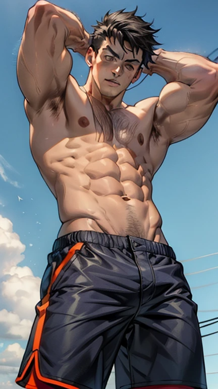 A male athlete,Wearing shorts,He is very muscular,Shot from below,Abstract Background,Lift up half of the pants,Short shorts,Half shorts,