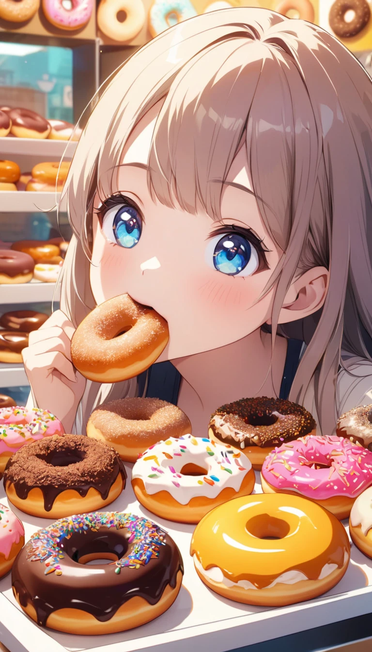 Beautiful, cute and lively donut shop.Host a tasting event.Close-up of girl eating donuts.Beautiful and extremely textured foreground and background,detailed, bright, Animation style high definition and high quality presentation