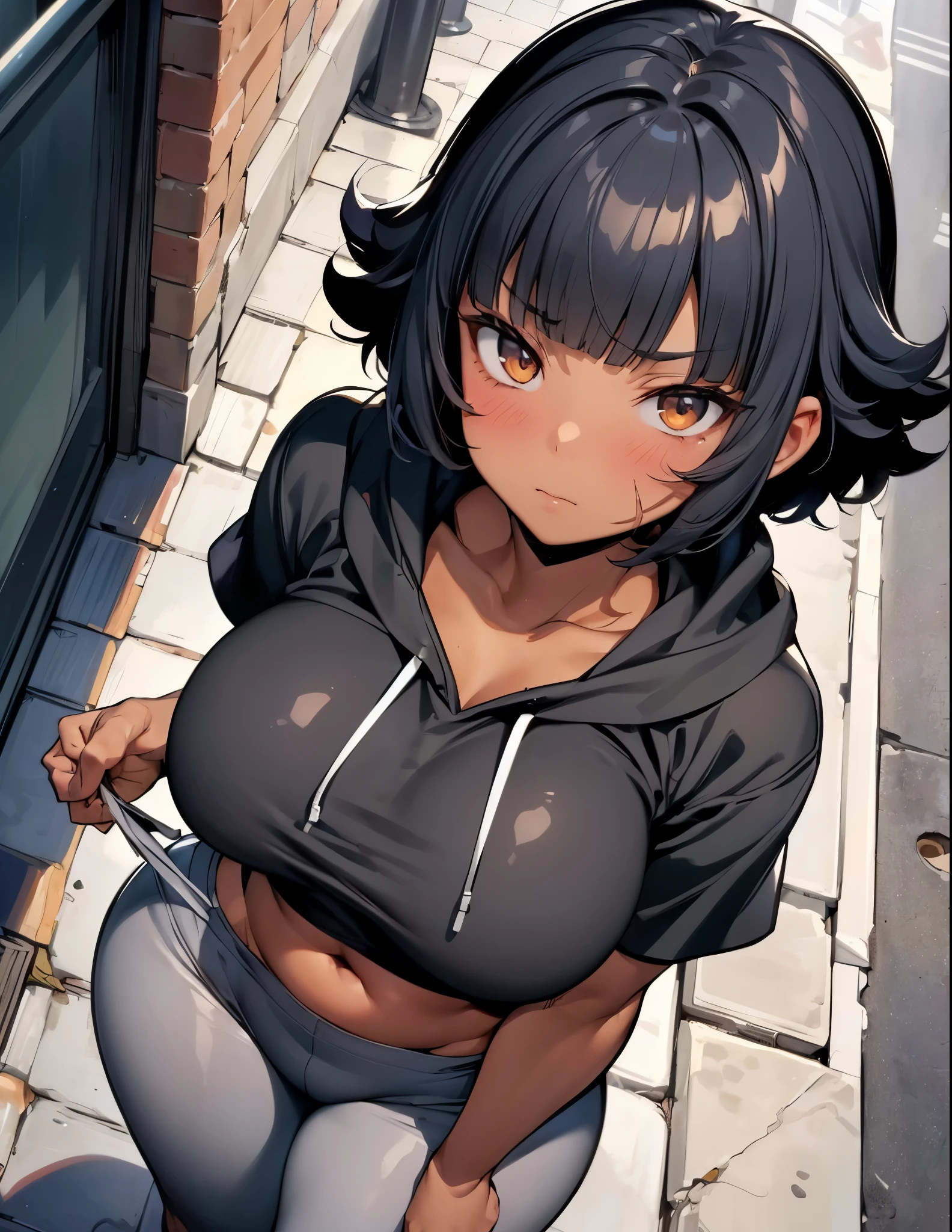 Solo, 1Female, Tomboy, ((Tan Skin Tone)) (Short Unruly Fluffy Hair, Black Hair Colour, Pixie Cut Hair, Blunt Bangs), Dark Eye Colour, Sharp Almond Eye Shape, Cute Face, ((Scar on Cheek)), Average Breast Size, Slim Toned Waist and Midriff, Thick Squishy Thighs, Plump Shapely Butt, Black Hoodie, Grey Leggings, Shy Expression, Blushing, ((Tugging on Viewer’s Sleeve)), (From Above, Standing on City Sidewalk), (Masterpiece, Perfect Anatomy, Perfect Hands)