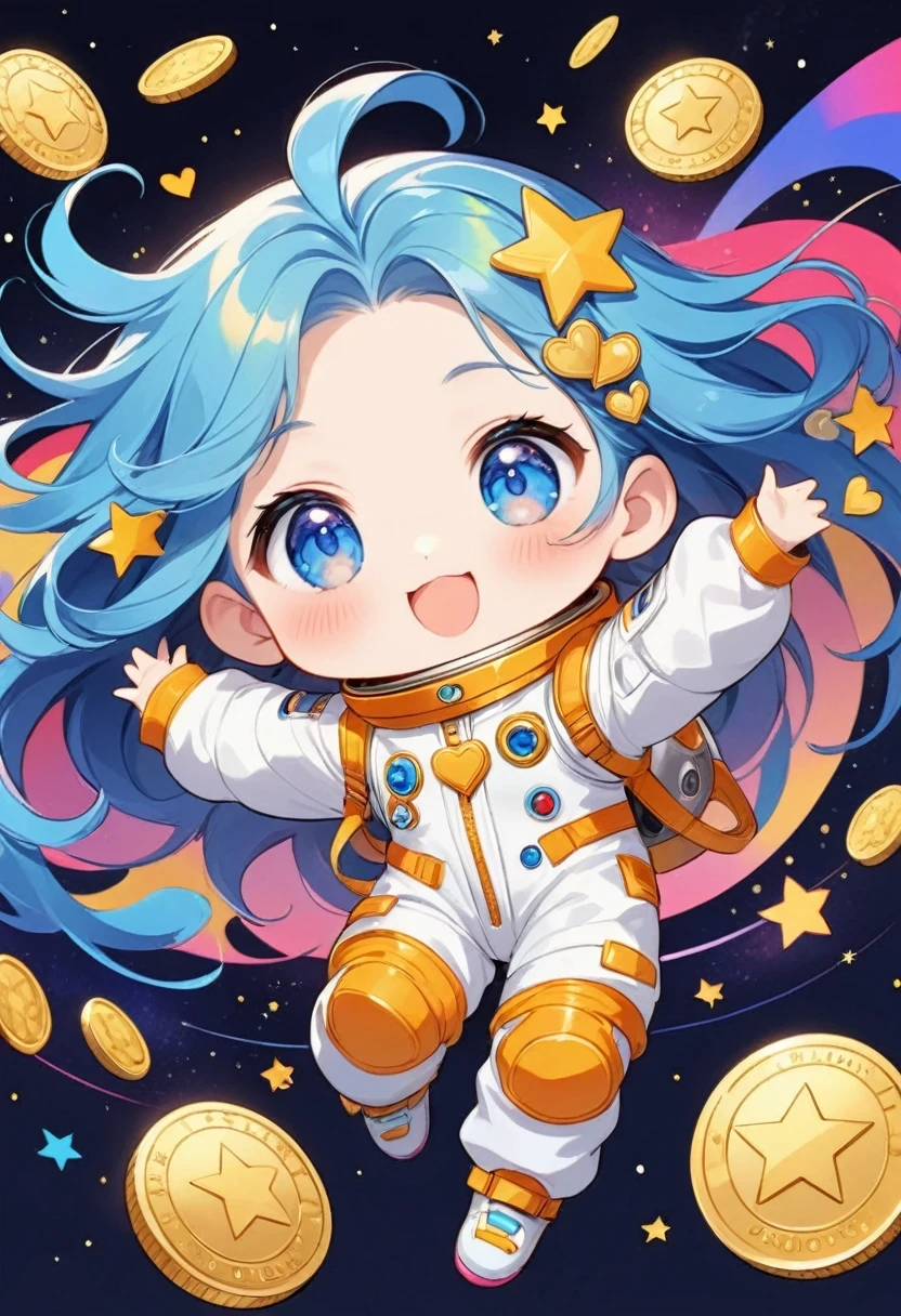 A Girl, Long Blue Hair, Blue Eyes, Star Hairpin, Colorfull Style, Simple Line Initialism,Abstract Art, The Most Beautiful Girl Of All Time, Chibi, Sweet Face. Colorful Hearts, Gold Coins, Funny Design, Happy Dance, Spacesuit, Cute Aliens, The Background Is Space