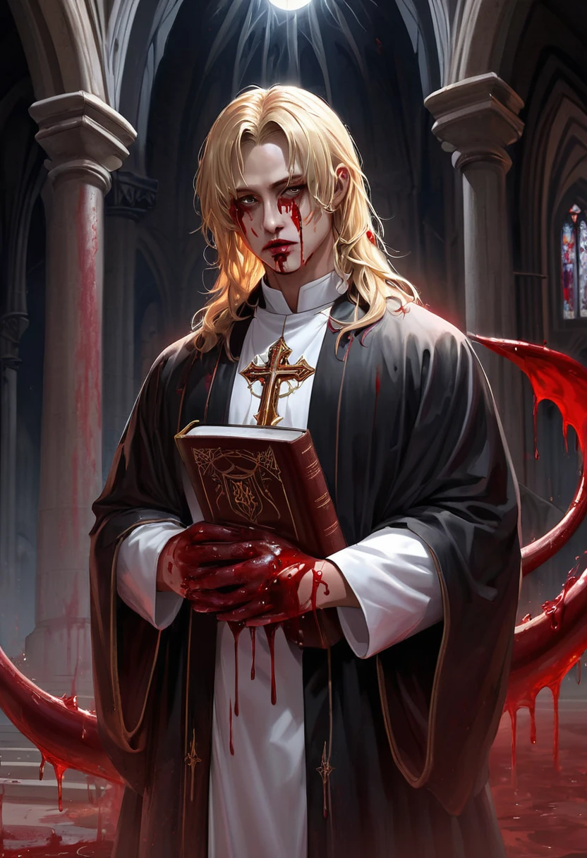 "Realistic Digital Painting with Concept Art Elements"," digital painting," "concept art," "realistic," "high detail", "1boy", "muscular", "wearing priest garment", "blood all over his hands and priest garments", "high-res", "blonde hair", "church", "moonlight", "bible in hand", "full body shot", "ominous aura,", "demon tail underneath priest garments", "bloody garments", "blood all over his face" "detailed-Eyes", "detailed-face", "blood on lips", "blood trickling down chin", "8k resolution", "heavily bloody as the entire garment is coated in red liquid", "soft colors" , "cool ambience" , "blood over the garment.", "praying" , "holding bible"