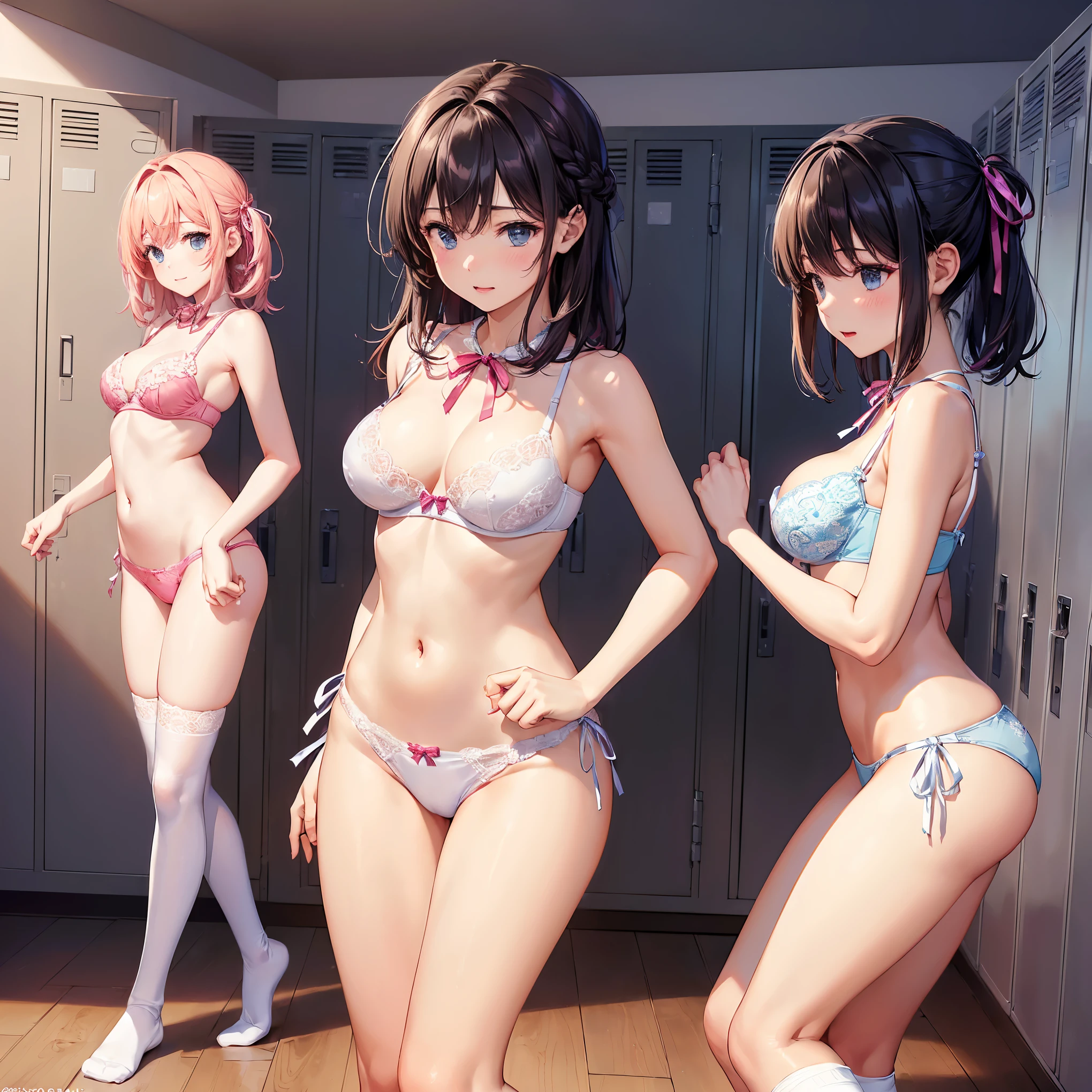 (((masterpiece, Highest quality, High resolution, 超High resolution, Perfect Pixel, Depth of written boundary, 4K, RTTX 10.0))), Beautiful Anime Woman, Beautiful art style, Anime characters, ((Smooth texture, Realistic texture, Anime CG Style)), Exact finger count、Exact number of legs、(Exact number of arms:1.0, Exact number of hands:1.0), (Perfect hands, Perfect Anatomy), Cinematic, Realistic, Extremely detailed CG, Daytime lighting, Perfect lighting, Best Shadow, The best natural light, whole body, Perfect body, バランのとれたPerfect body, Perfectly balanced style, (Slender body:1.2), Small face, ((bangs, Various hairstyles, Stylish hairstyle)), ((3人のかわいい大人の女性は更衣室でThey are chatting happily:1.8)), ((Sexy and cute white underwear, Sexy and cute light blue underwear, Sexy and cute pink underwear, vivid colored underwears:1.3), (Stylish shiny satin panties, Side-tie panties, Panties with a plain center and lace decoration on the sides:1.3), (Thin panties with ribbon:1.3), (Micro Satin Bra, Lace-trimmed bra, Thin bra with ribbon:1.3), (Knee socks:1.3):1.3), (Beautiful big boobs:1.1), (They are chatting happily:1.3), (School changing room, locker room:1.5), naked, In underwear, whole body, Angle from below the front, All three are the same height, Accurate perspective