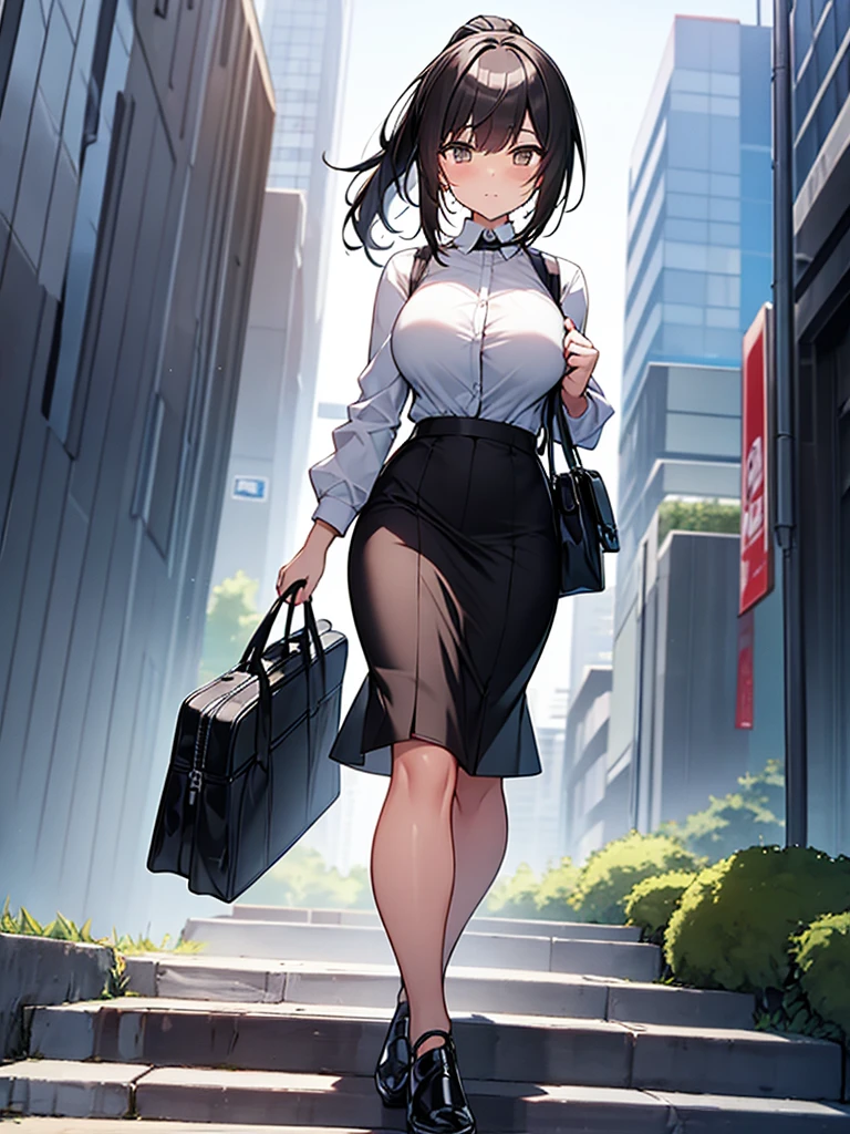 Thick sunlight Provocative composition:3.6 woman Walking through the business district Cloudy Full body view Sweat ponytail:3.6 Social People Black recruitment suit White collared shirt Three-quarter sleeves Black Skirt Black short hair, straight hair, hair tie Sweep your bangs to the side:2.4. Slanted eyes, brown eyes, tall, strong-willed, beautiful tits Business bag