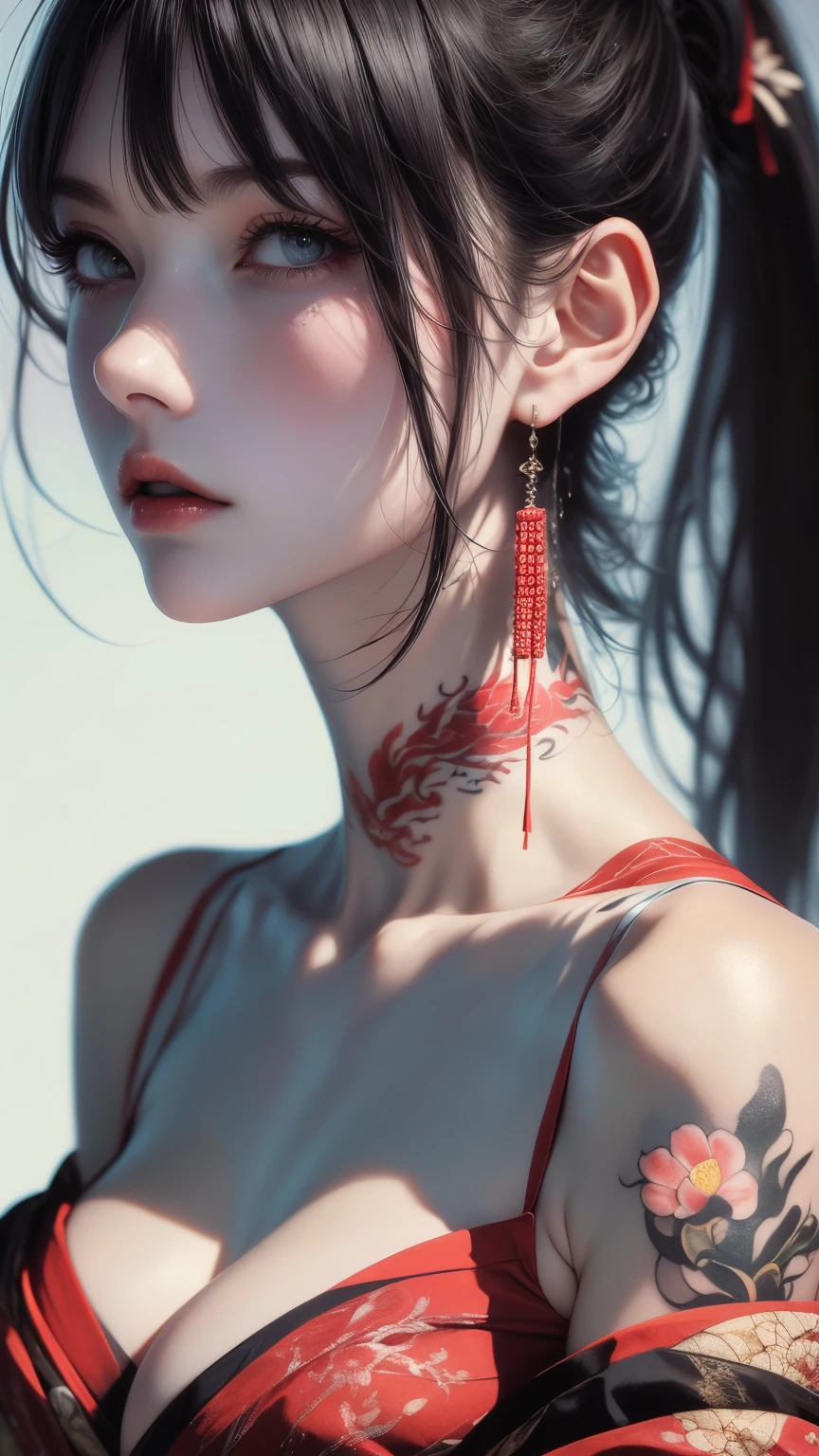 Girl's profile picture, black medium hair with bangs, high ponytail, dragon tattooon neck, irezumi, pale skin, red eyes, dragon tattoo on shoulders, dragon tattoo on chest, big tattoo, red kimono, earrings , realistic skin texture, detailed picture, upper body, HD32k, looking at viewer, dramatic shadows, vivid lighting, soft sunlight, big breasts 