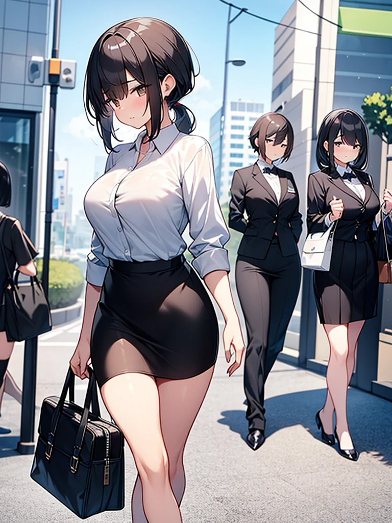 Thick sunlight A view from the side:3.6 woman Walking through the business district Cloudy Full body view Sweat ponytail:3.6 Social People Black recruitment suit White collared shirt Three-quarter sleeves Black Skirt Black short hair, straight hair, hair tie Sweep your bangs to the side:2.4. Slanted eyes, brown eyes, tall, strong-willed, beautiful tits Business bag